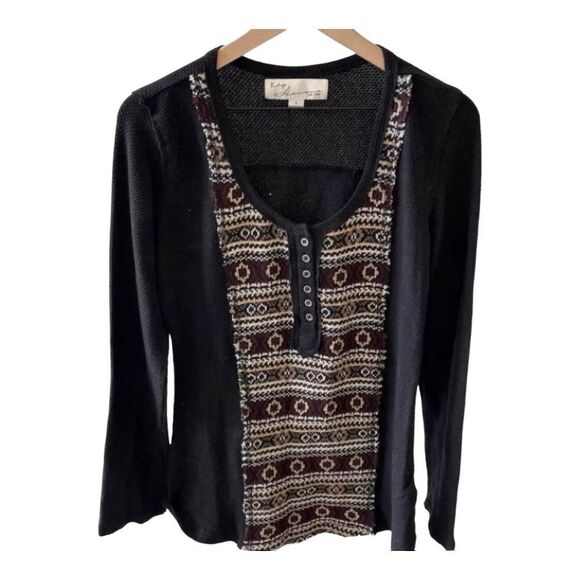 Vintage Savana Top‎ Print Button Up Long Sleeve Knit Black Size L - Picture 1 of 6